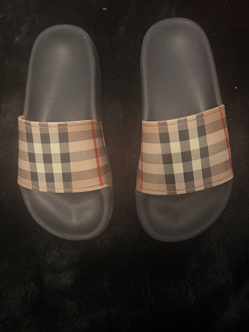 Burberry Beige Plaid Slide Sandals with Black Footbed